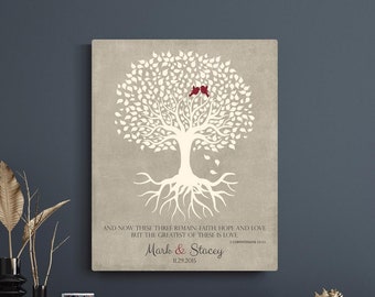 Wedding Gift for Couple, Corinthians 13, 13th Anniversary Gift, Rooted Tree, Minimalist, Personalized Plaque, Canvas Print, Metal Print 1123