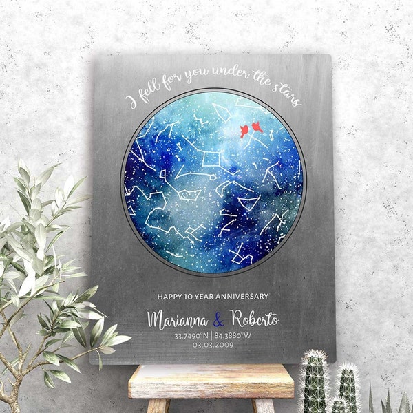Star Map on Tin 10 Year Anniversary Under These Stars Gift for Husband Night Sky Print Personalized Canvas Paper or Metal Art Print 1758