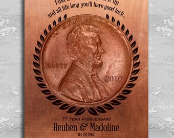 7 Year Anniversary Find a Penny Good Luck Personalized Faux Copper Gift of Tin 7th Anniversary Date Gift Custom Metal Plaque Wall Art 1467