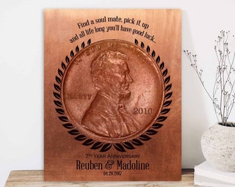 7 Year Anniversary, Copper Penny, Custom Couple, Traditional 7 Year Gift, Personalized, Copper Anniversary, Couple Art, Metal Plaque 1467