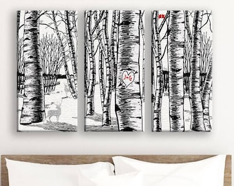 2 Year Anniversary, Cotton Anniversary, Birch Trees, 3 Piece, Canvas Triptych, Birch Trees, Personalized, 2nd Anniversary Gift, Bedroom Art