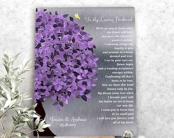 Wedding Gift for Groom Gift from Bride to Loving Husband Purple Tree on Tin Wedding Poem Personalized Canvas Paper Metal Plaque 1491