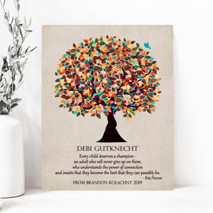 Metal plaque displayed on a table and leaning on the wall with greenery decor. Plaque depicts a colorful willow tree with a personalized teacher sentiment below.