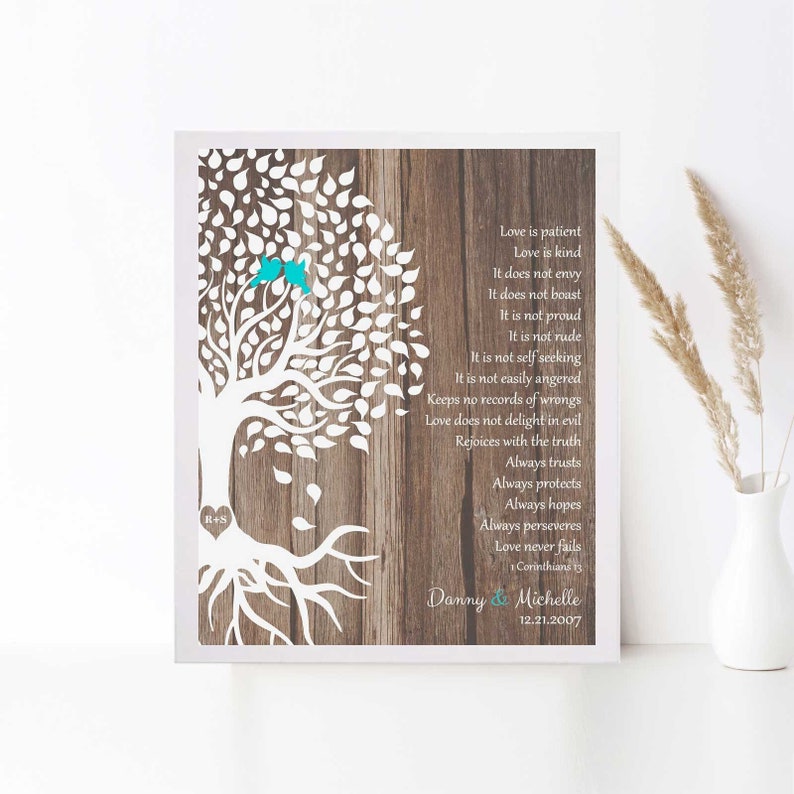 Corinthians on Wood 5th Anniversary Gift for Husband Wife Tree of Life Wedding Gift Wood Anniversary Love is Patient Canvas or Tin 1725 image 1