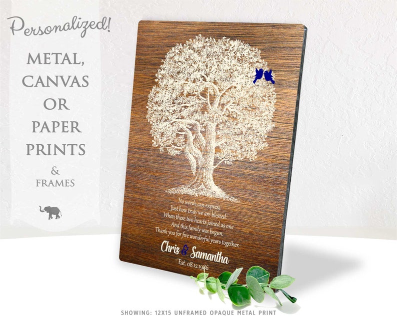 5 Year Anniversary Love Poem 5th Anniversary Gift Oak Tree Faux Wood Personalized Gift Custom Art Print on Paper Canvas or Metal 1369 image 9