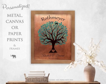 7 Year Anniversary Personalized Family Wedding Tree Faux Copper Turquoise Gift For Couple Custom Metal Art Print Plaque #1377