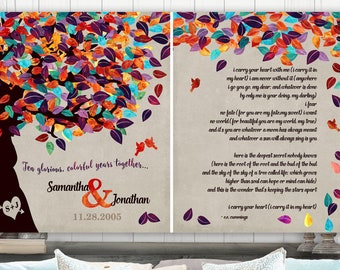 Set of 2 Personalized Anniversary Gift Ten Year Colorful Wedding Vows or Poetry Tree Custom Art Print Choose Paper, Canvas or Tin Sign #1174