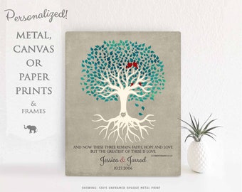 Personalized Anniversary Gift Family Tree Corinthians 13:13 Turquoise Cream Minimalist Custom Art Print on Paper Canvas or Metal #1413