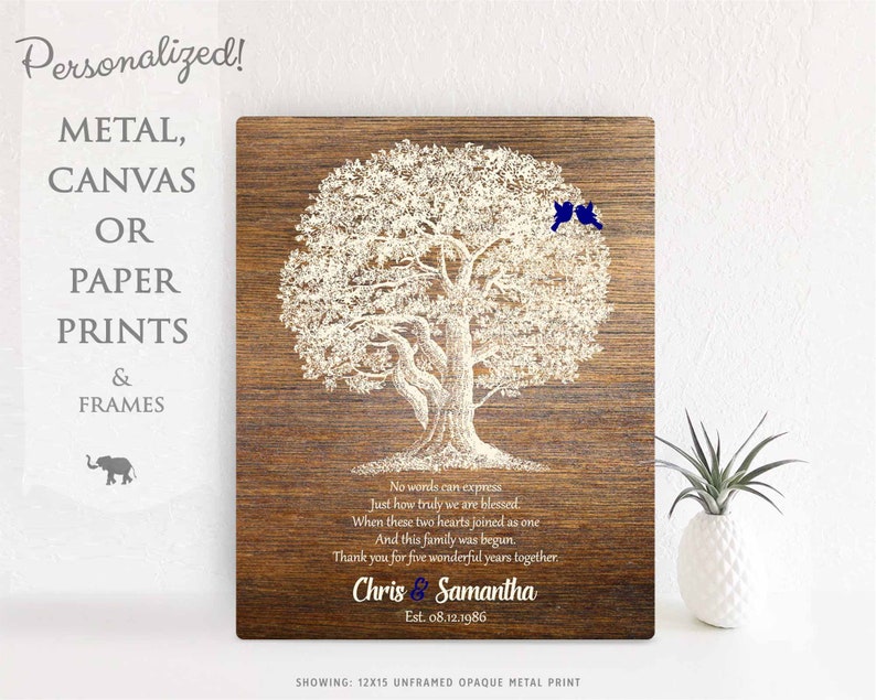 5 Year Anniversary Love Poem 5th Anniversary Gift Oak Tree Faux Wood Personalized Gift Custom Art Print on Paper Canvas or Metal 1369 image 1