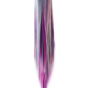 May include: A long, straight ponytail hair extension featuring a multi-colored blend of silver, grey, deep purple, and vibrant magenta pink strands. The hairpiece is styled in a sleek, vertical orientation with a tapered, wispy end.