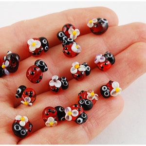 Contas de joaninha, conjunto de contas de joaninha lampwork, insetos de vidro, conjunto de contas lampwork, contas de insetos, contas de insetos, joaninha de vidro murano flor SRA