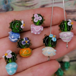 Tiny cactus glass beads Lampwork beads set Succulent beads Mini cactus murano glass Handmade Earring pair Fairy garden
