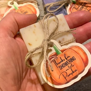 Pumpkin Themed Mini Soap Shower Favors wrapped custom soap gifts for party guests, baby shower, Halloween, fall autumn