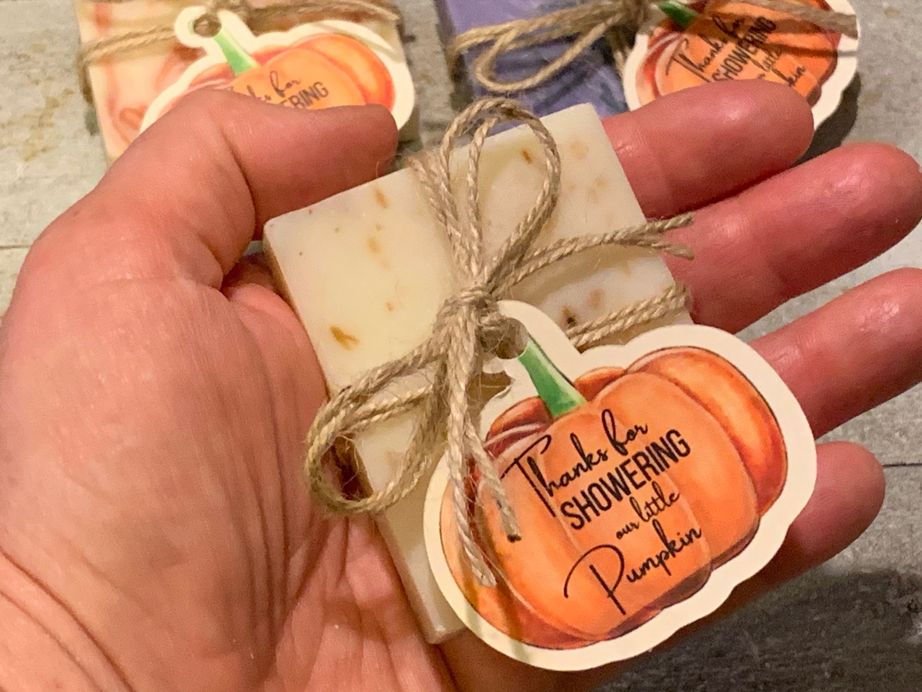 Pumpkin Themed Mini Soap Shower Favors wrapped custom soap gifts for party guests, baby shower, Halloween, fall autumn