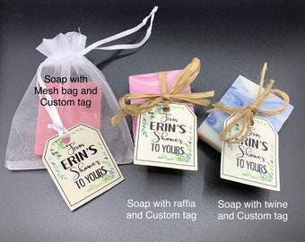 Mini Soaps with floral tags for Bridal Shower Favors | bulk homemade soap gifts for wedding guests, small sample guest size, useful favors