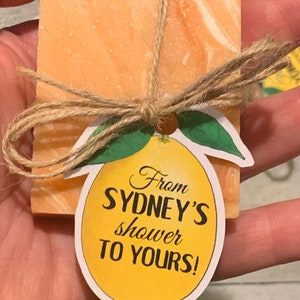 Lemon Squeeze Themed Mini Soap Shower Favors wrapped custom tags for party guests She found her Main Squeeze citrus bridal shower guests