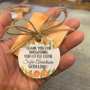 Orange Themed Mini Soap Shower Favors wrapped with tags &quot;Thank you for showering our little Cutie&quot; custom soaps gifts for party guests
