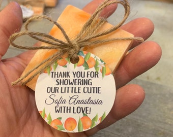 Orange Themed Mini Soap Shower Favors wrapped with tags "Thank you for showering our little Cutie" custom soaps gifts for party guests