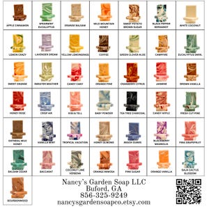 May include: A grid of 36 colorful soap bars with various scents and names, such as "Apple Cinnamon", "Lavender Dream", "Honey Rose", "Vanilla Mint", and "Orange Mimosa". The soap bars are arranged on small wooden stands. The image also includes the text "Nancy's Garden Soap LLC", "Buford, GA", "856-325-9249", and "nancysgardensoapco.etsy.com".
