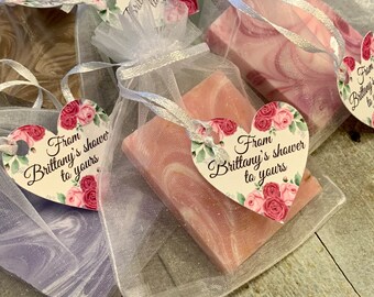 Soap favors w Heart tags / Pink & Red Roses flowers Theme Mini Soaps Shower Favors wrapped, custom gifts for party guests, bridal shower