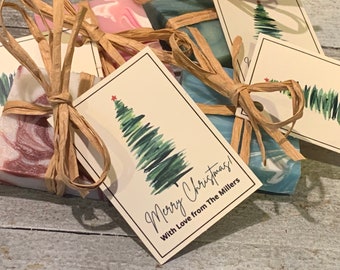 Christmas Tree tagged Mini Soap Shower Favors wrapped custom personalized gifts for party guests Winter Christmas Holiday open house soaps