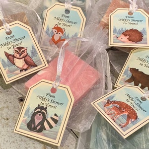 Woodland animal Mini Soap Shower Favors wrapped custom soap gifts for party guests, baby shower / fox deer bear raccoon forest
