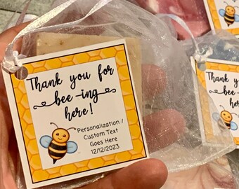 Honey Bee Themed Mini Soap Shower Favors wrapped custom soaps gifts for party guests, bridal shower, Thank you for bee-ing (being) here