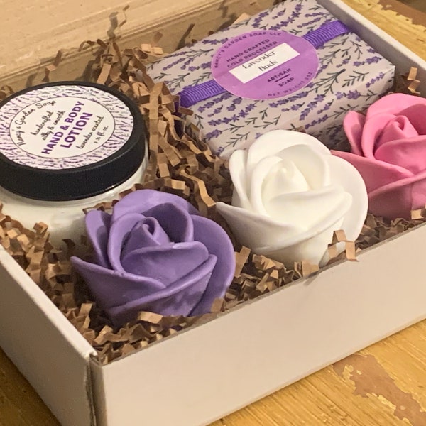 Rose soap, lotion gift box for her, 3 glycerin soap roses, full size cold process artisan soap bar, handcrafted body lotion