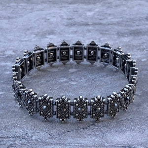 Gothic Marcasite Silver Stretch Bracelet, Beaded Bracelet, Layering Bracelet, Stackable Bracelet, Victorian Bracelet, Gift for Her