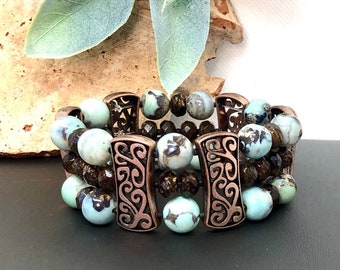 Wide Cuff Beaded Bracelet, Antique Copper Bracelet, Agate and Bronzite Stretch Bracelet