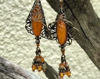 Autumn Harvest Earrings, Czech Glass Earrings, Fall Earrings, Dangle Earrings, Orange Earrings, Antique Bronze Earrings, Hostess Gift