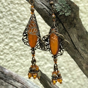 Autumn Harvest Earrings, Czech Glass Earrings, Fall Earrings, Dangle Earrings, Orange Earrings, Antique Bronze Earrings, Hostess Gift