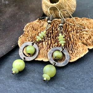 Olive Jade Antique Bronze Earrings, Bohemian Earrings, Geometric Earrings, Rustic Earrings, Drop and Dangle Earrings, Beaded Earrings