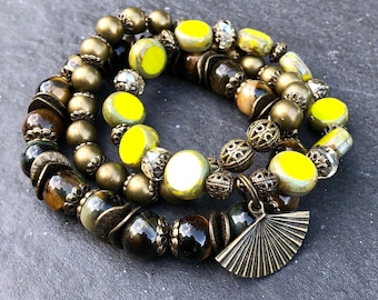Fan Flare Bracelet Set, Beaded Stretch Bracelet Set, Stackable Bracelets, Layering Bracelets, Boho Bracelet Set, Charm Bracelets