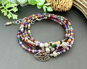 Rainbow Cubic Zirconia and Sterling Silver Beaded Wrap Bracelet, Colorful Sparkling Six Wrap Bracelet, Multi-color Gemstone Bracelet