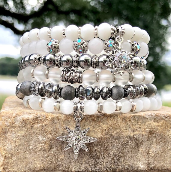 Winter Wonderland Bracelet Stack, Beaded Bracelet Set, Stackable