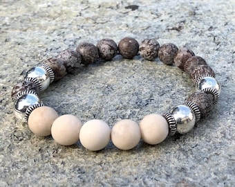 Mens Snowflake Obsidian Bracelet, Mens Beaded Bracelet, Mens Layering Bracelet, Brown and Silver Bracelet, Stretch Bracelet