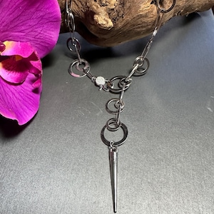 Circles and Spike Silver Pendant Necklace, Adjustable Length Y Necklace, Boho Necklace, Lariat Necklace, Halloween Costume Necklace