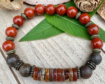 Beaded Jasper Unisex Stretch Bracelet, Red Jasper, Bronzite and Antique Brass Bracelet, Beaded Bracelet