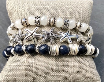 Starfish Bracelet Stack, Ocean-Themed Jewelry, Beaded Bracelet Set, Stackable Bracelets, Layering Bracelets, Boho Bracelets