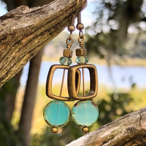 Geometric Earrings, Czech Glass Earrings, Antique Bronze Earrings, Aqua Earrings, Bohemian Earrings, Rustic Earrings