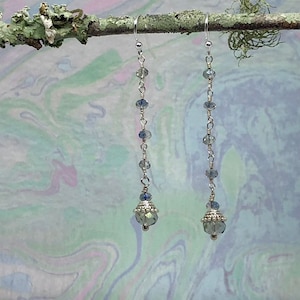 Rosary Chain Earrings, Blue Crystal Earrings, Silver Earrings, Dangle Earrings, Beaded Earrings, Gift for Her