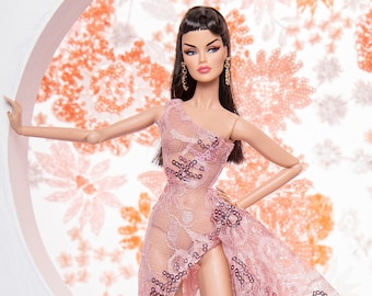 Rosegold Lace dress for fashion royalty , Poppy Parker, Silkstone Barbie, fr2 , 12'' Fashion Doll same size