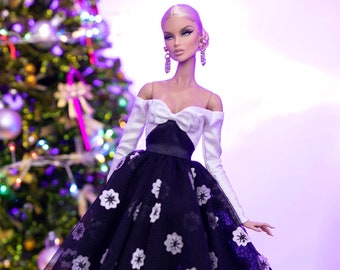 Black white flower dress for fashion royalty , Poppy Parker, Silkstone Barbie, fr2 , 12'' Fashion Doll