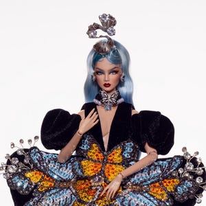 OOAK Black Velvet Doll – Blue Orange Butterfly Embroidery