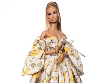 yellow chrysanthemum silk dress for fashion royalty , Poppy Parker, Silkstone Barbie, barbie Doll , , 12" fashion doll