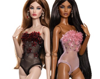 Rimdoll Outfit: Fur Coat, Skirt & Sequin Swimsuit - 12" Fashion Doll