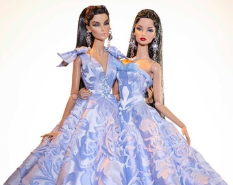 hemelsblauwe brokaatjurk voor fashion royalty, Poppy Parker, Silkstone Barbie, fr6, 12'' Fashion Doll van Rimdoll