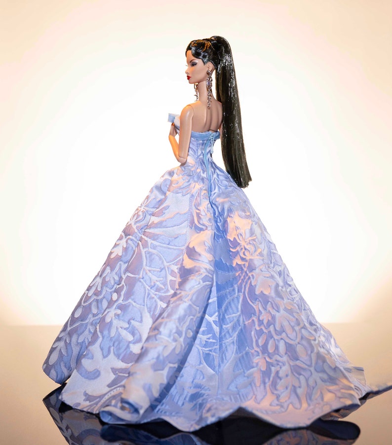 sky blue brocade dress for fashion royalty , Poppy Parker, Silkstone Barbie, fr6 , 12'' Fashion Doll by Rimdoll image 6