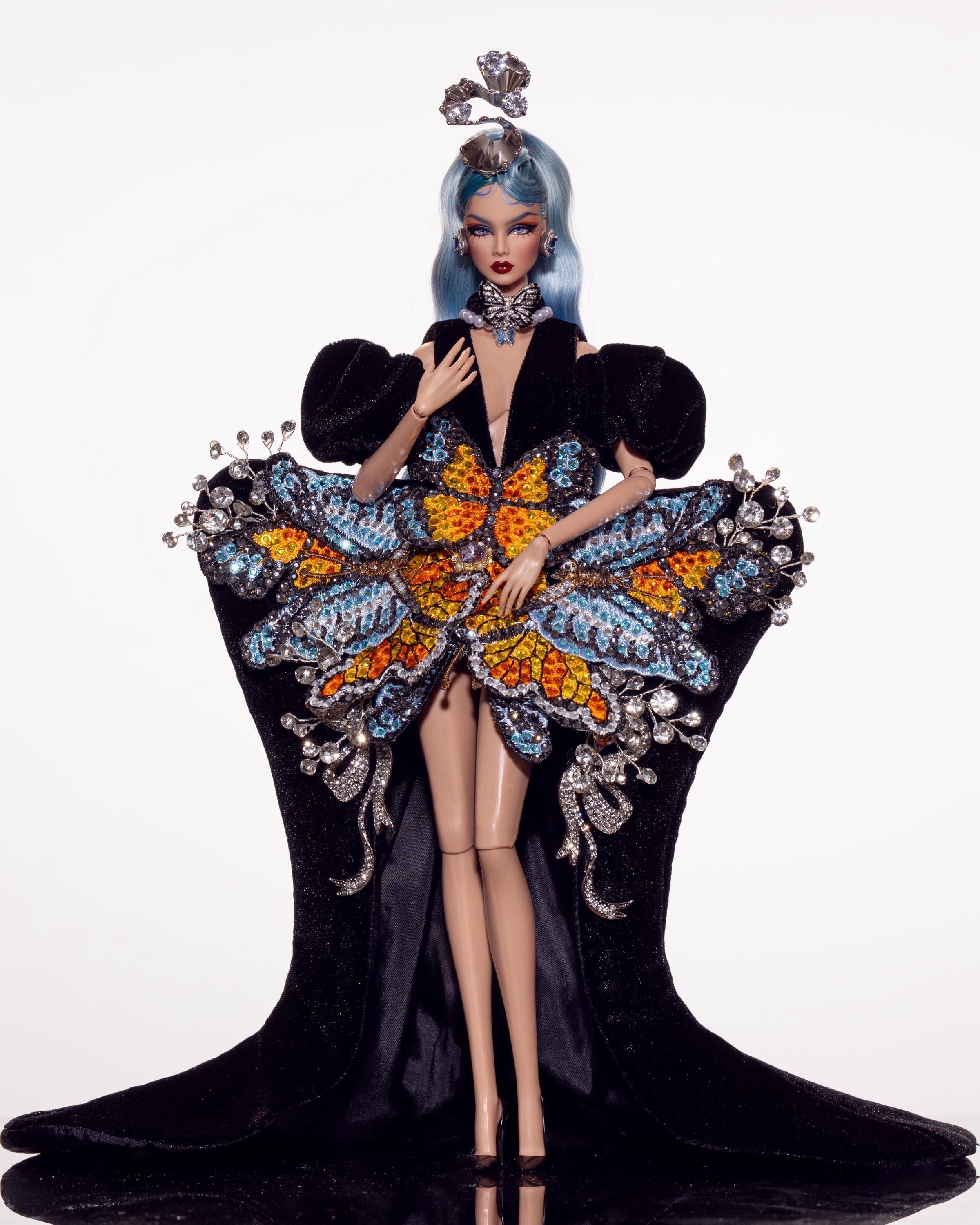 OOAK Black Velvet Doll – Blue Orange Butterfly Embroidery